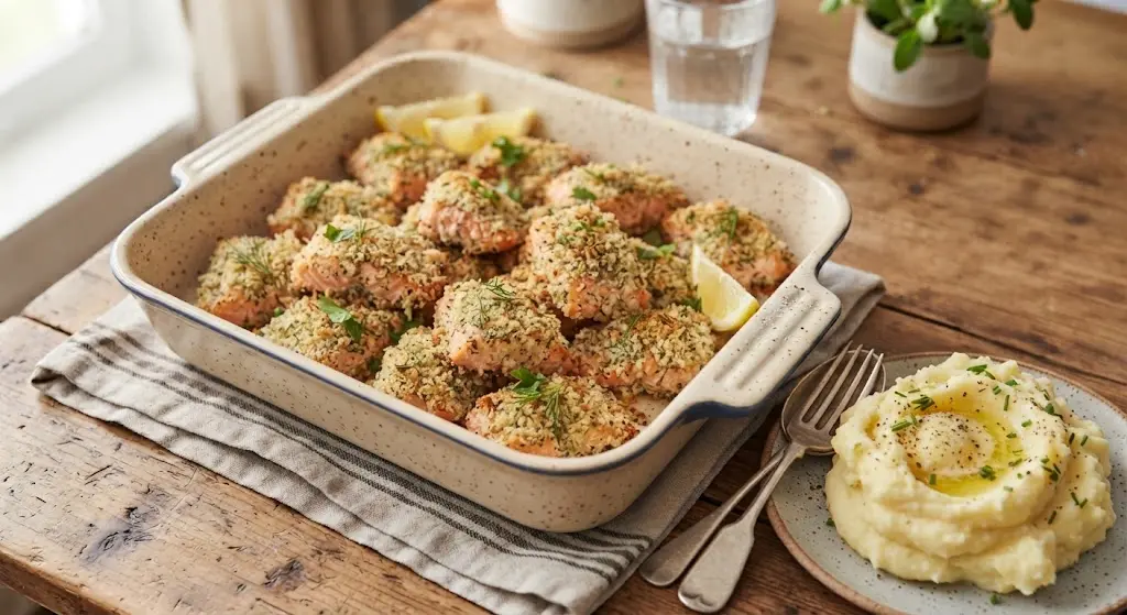Baked Salmon nuggets with mashed potatoes